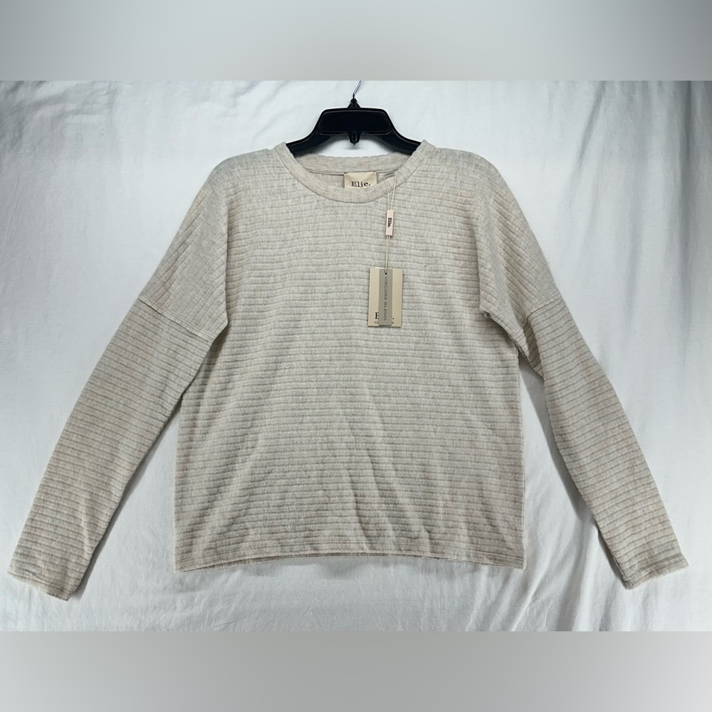 Elie Tahari Womens Small Cream Sweater Ribbed Pullover Crew Neck Soft Casual